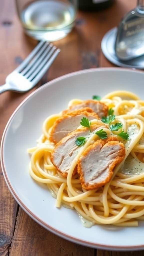 Air Fryer Chicken Alfredo Recipe Creamy chicken Alfredo pasta with sliced chicken breast and parsley on a rustic table.